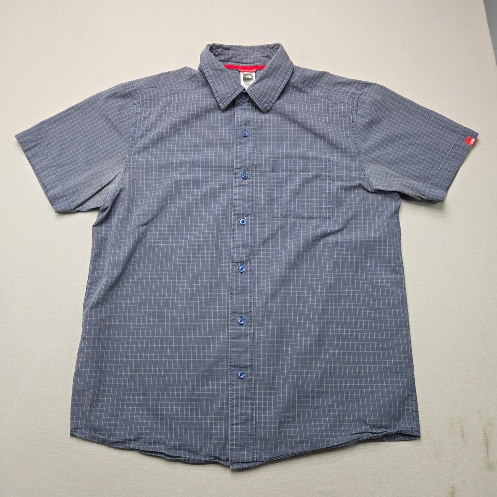 The North Face Shirt Button Up Grid Plaid Pocket Blue Men Large Cotton Hiking L